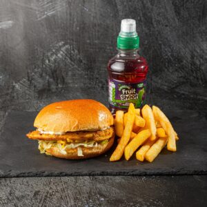 Kids burger meal with chips and Fruit Shoot drink at Bross Slice and Grill