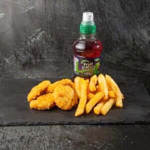 Kids chicken nuggets meal with chips and Fruit Shoot drink at Bross Slice and Grill