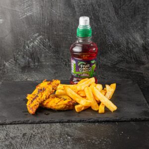 Kids peri chicken strip meal with chips and Fruit Shoot at Bross Slice and Grill