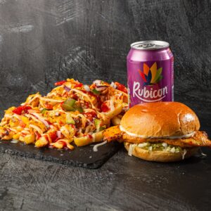 Loaded munch box with chicken loaded fries, burger and drink at Bross Slice and Grill