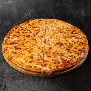 Margherita pizza with melted cheese on wooden board at Bross Slice and Grill