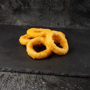 Five crispy battered onion rings at Bross Slice and Grill