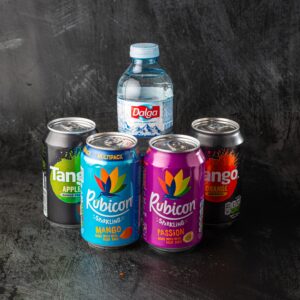 Selection of 330ml canned soft drinks including Rubicon and Tango at Bross Slice and Grill